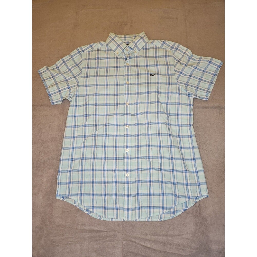 Vineyard Vines Whale Shirt Men's M Blue Plaid Short Sleeve Cotton Button Down‎